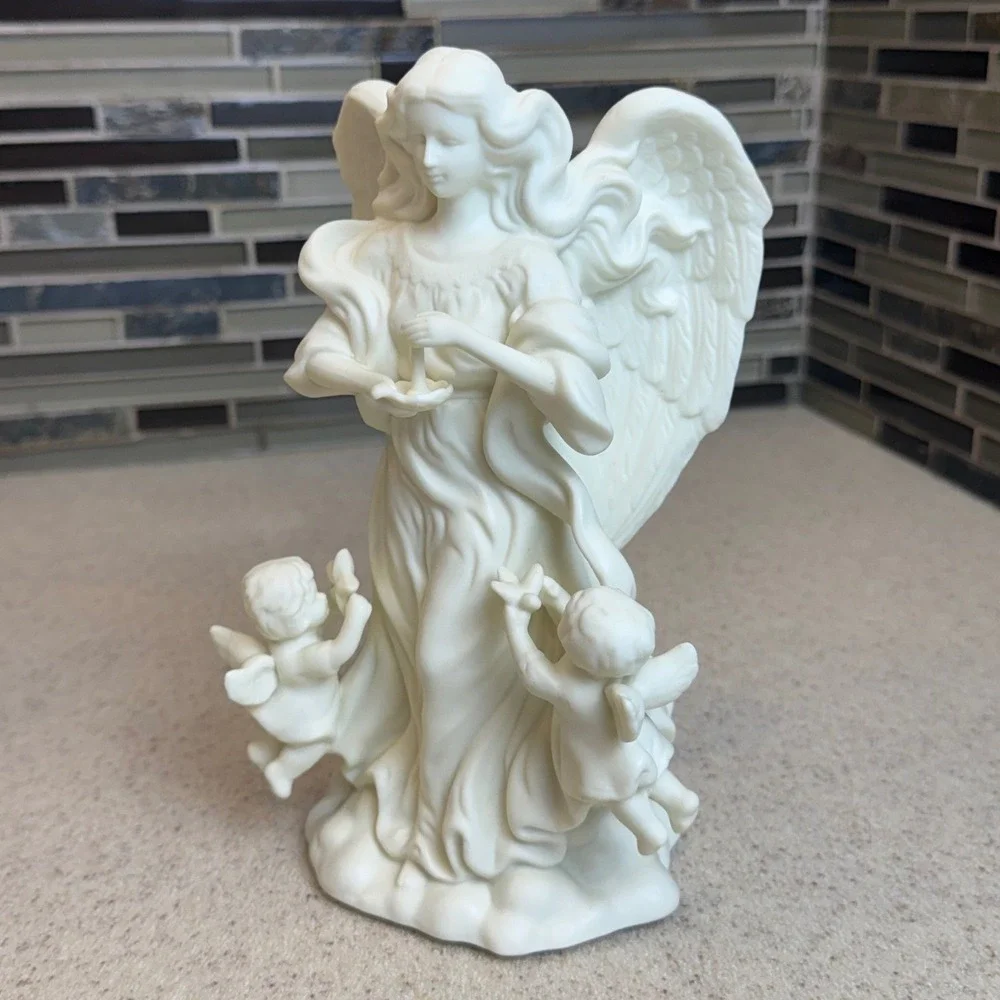 VTG PartyLite White Bisque Angel with Cherubs Taper Candle Holder Figurine P0434